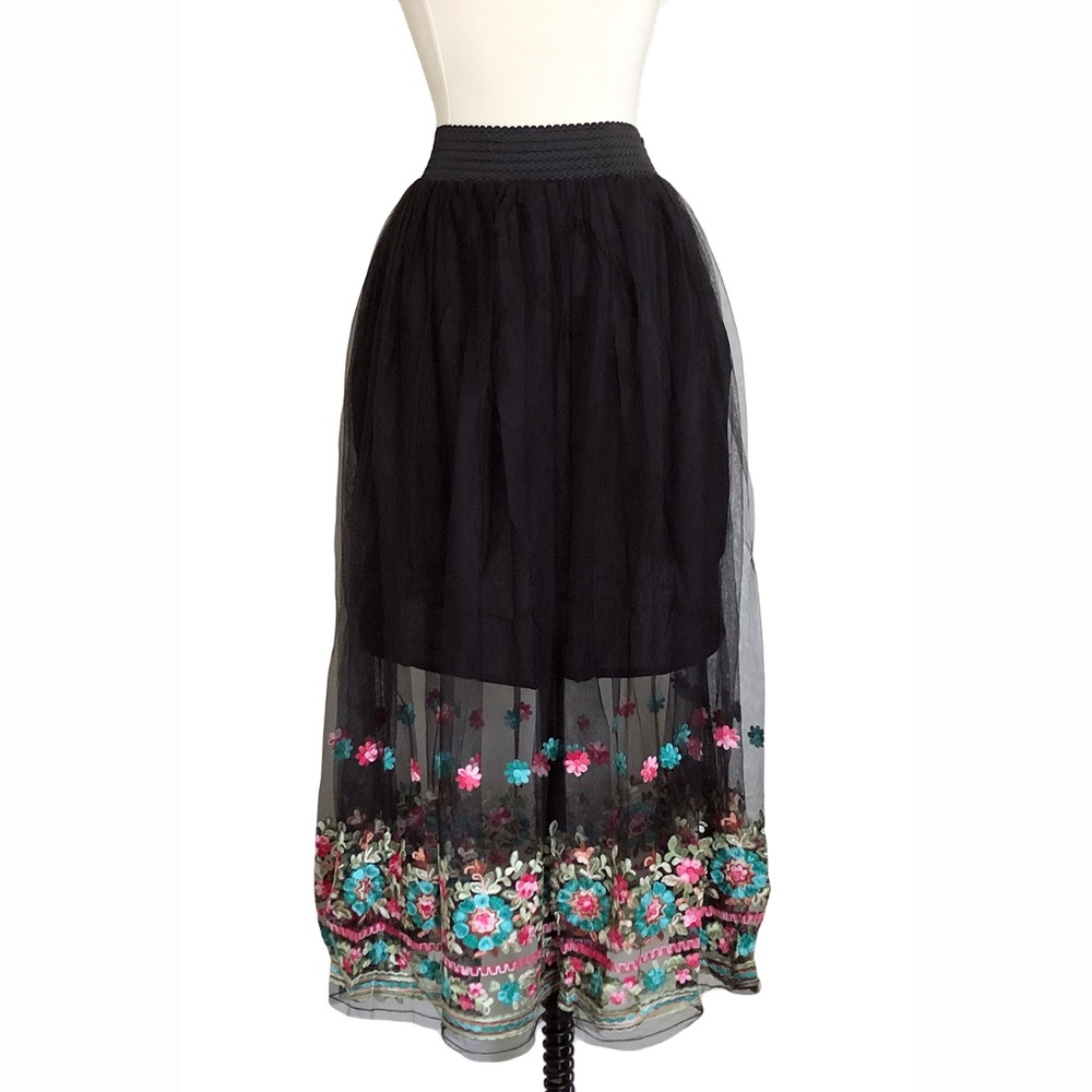 Aratta Black Midi Skirt with Pink & Teal Floral Embroidery